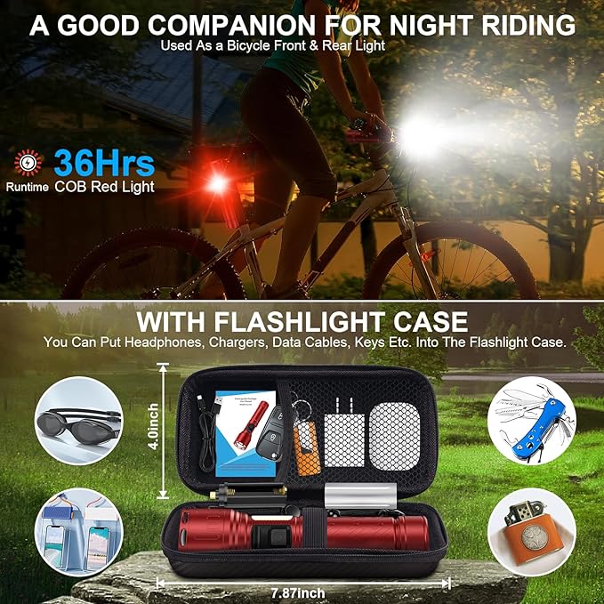 Flashlights 100,000 High Lumens Rechargeable - Super Bright LED Magnetic Flashlight with Sidelight 8 Modes Waterproof Powerful Handheld Flash Light for Emergency (1 Pack with Leather Box, Red)