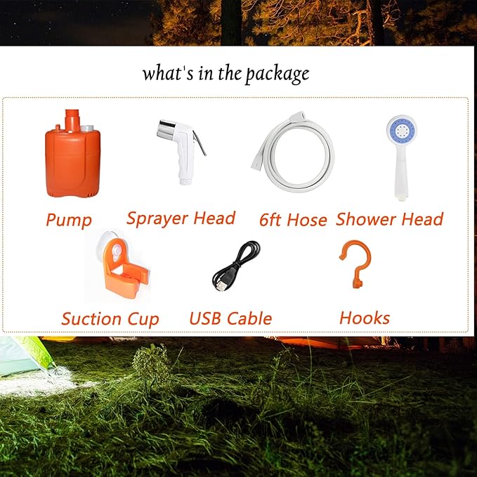 Portable Shower for Camping, Portable Camping Shower, Rechargeable Portable Outdoor Shower Head with Hose, 2 Travel Shower Heads, 6ft Hose