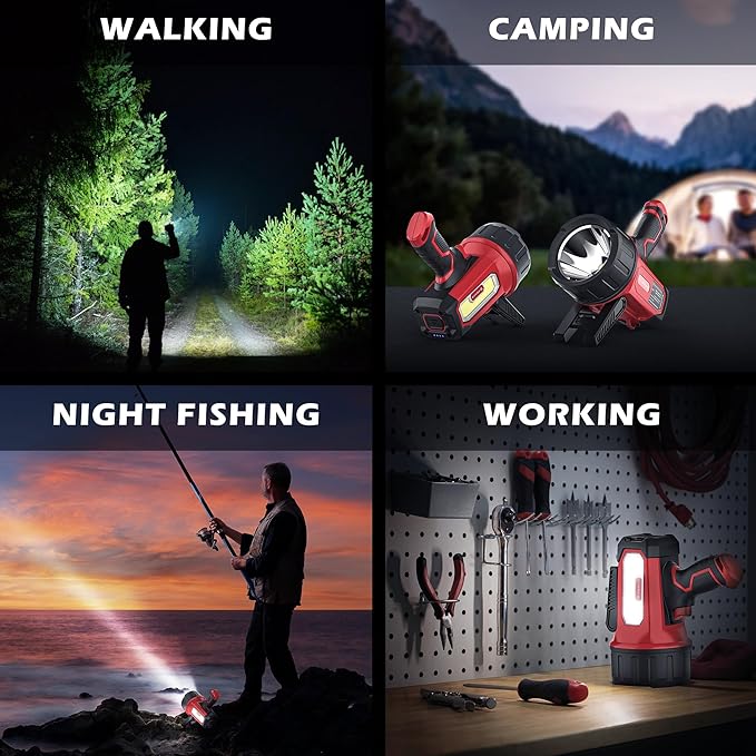 FORTO Rechargeable Spotlight Flashlight with 2000 Lumens, Handheld Spotlight with Foldable Stand, 6 Light Modes IPX7 Waterproof LED Spot Lights Outdoor for Boating Hunting Camping Hiking(Red)