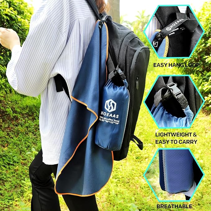HOEAAS 2 Pack Microfiber Camping Towels, Quick Dry Towel, Super Absorbent Ultra Compact Travel Towel Soft Lightweight Sports Towel for Sweat Fast Drying Towels for Pool,Gym,Hiking,Backpacking,Fitness