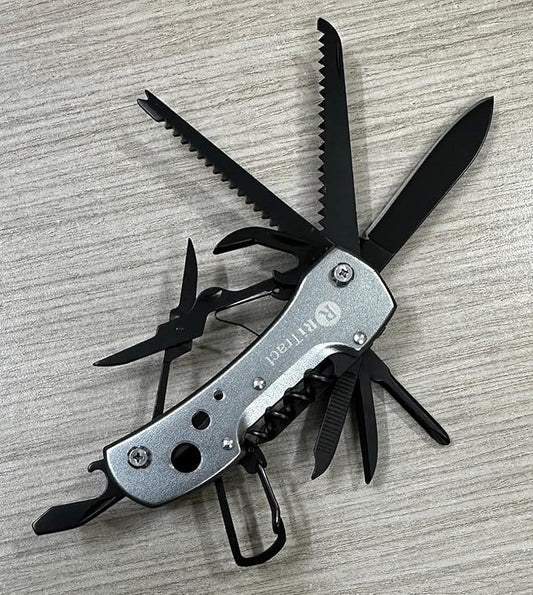 DWELLING Multi Utility Tools 15 in 1 Multitools All in One Pocket Size Tool Multi-Purpose Swiss Army Multiutility Toolkit Set - Silver Black