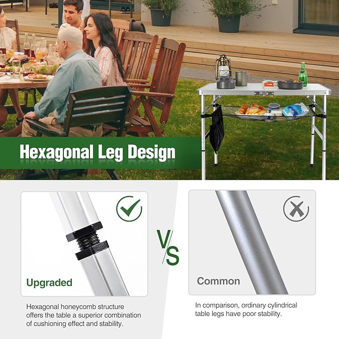 RedSwing Folding Table 3 Feet Adjustable Height, Lightweight and Portable Aluminum Hexagonal Legs Camping Table with Mesh Layer, 36 x 24 x 28 Inches