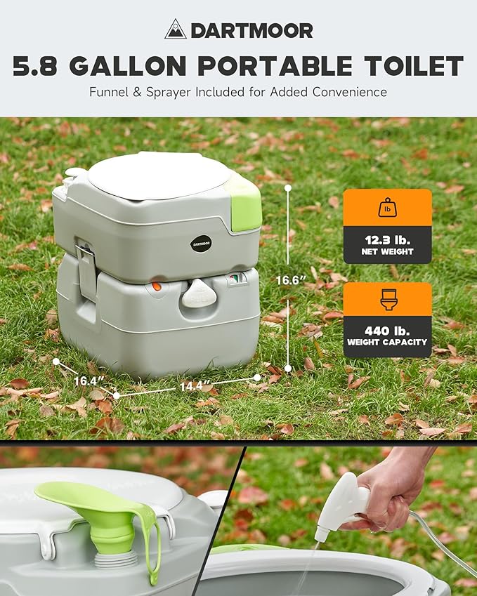 DARTMOOR Portable Toilet, 5.8 gal. RV Toilet for Camping, Outdoor Toilet with Diagonal Seating Piston Pump Sewage Port, Lightweight HDPE Camping Toilet for Hiking Construction Site Road Trip Boating