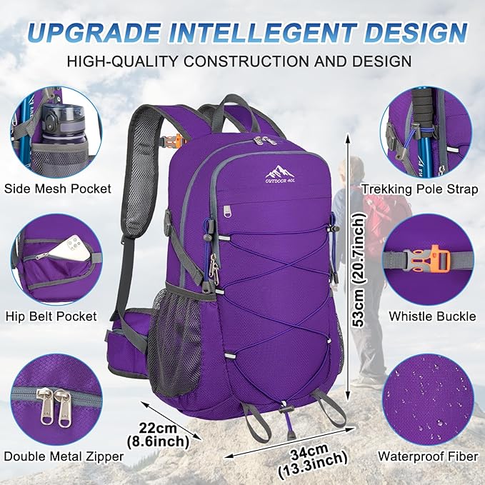 BKNOOU 40L Lightweight Hiking Backpack Packable Camping Backpack Waterproof Hiking Daypack Men Women Foldable Travel Daypack