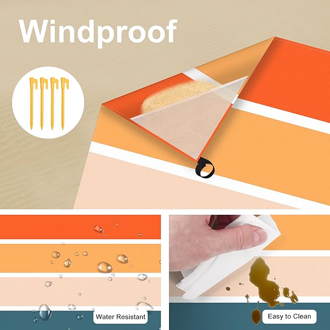 Colorful Beach Blanket Sandfroof, 78”x 86” Large Waterproof Beach Mat Sand Free w/ 4 Stakes for 1-6 People, Big Compact Foldable Picnic Pockets Blanket for Travel, Camping, Hiking - Thick Stripes