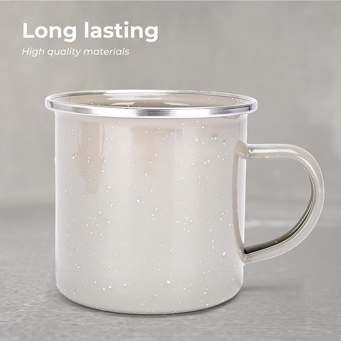 Libken Camping Mugs Enamel - 3x5x3-Inch Hot and Cold Beverage Coffee Mug - Set of 4 Enameled Steel Cups - Versatile Enamel Mugs with Comfortable Handle for Camping or Cozy Morning at Home - Beige