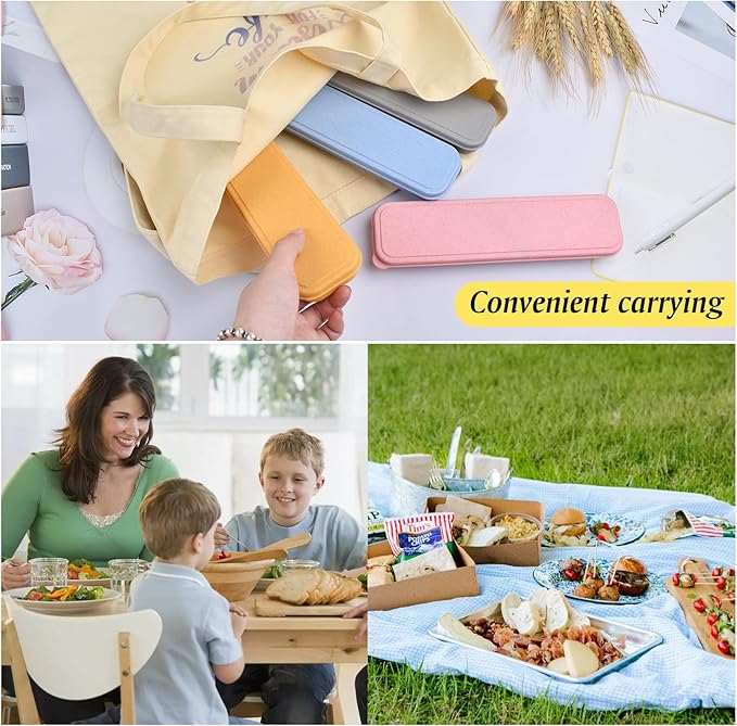 Travel Utensil Set with Case, 4 Sets Wheat Straw Silverware Reusable Knife Spoons and Forks Cutlery Set, Portable Utensil Sets for Travel Picnic Camping or Daily Use