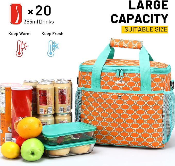 MIER 18L Large Soft Cooler Insulated Picnic Bag for Grocery, Camping, Car, Bright Orange Color