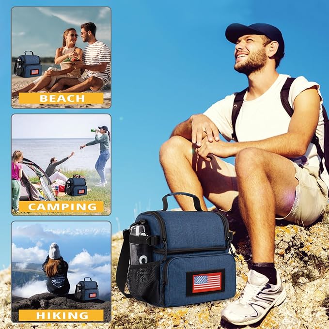 ATRIPACK 2 Compartment Lunch Bag for Men Adult, Tactical Lunch Box Leakproof Insulated Large Cooler Bag for Work with Adjustable Shoulder Strap Flag Double Layer Lunch Pail(Blue)