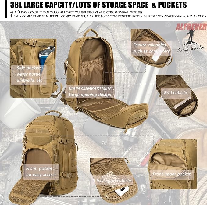 38L Military Tactical Backpack Men Assault Pack Bag|Army Backpacks|Large Camping Hiking Rucksack Daypack for Outdoor