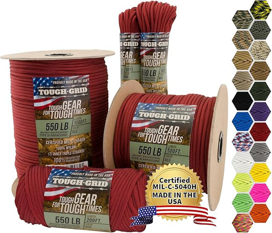 TOUGH-GRID Premium Red Paracord 550 lbs Made in USA Outdoor Survival Nylon Rope Tactical Heavy Duty Strands Parachute Cord Used by US Military Type III Mil-Spec