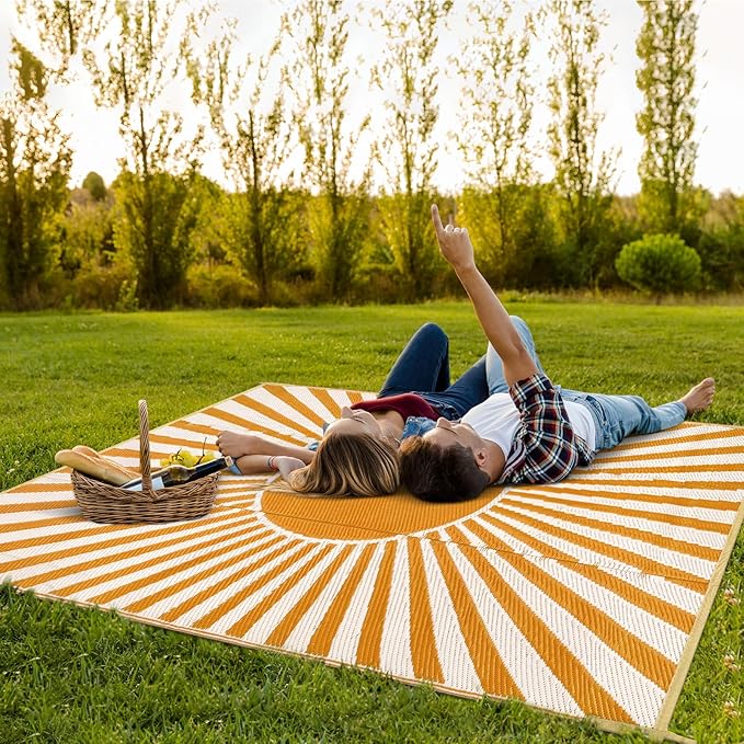 Anidaroel Outdoor Area Rugs 9x12ft Waterproof Clearance, Reversible Camping Rugs for Outside RV, Outdoor Plastic Straw Patio Rugs for Camping, Trailer, Backyard, Pool Deck, Picnic(Orange,9‘x12')