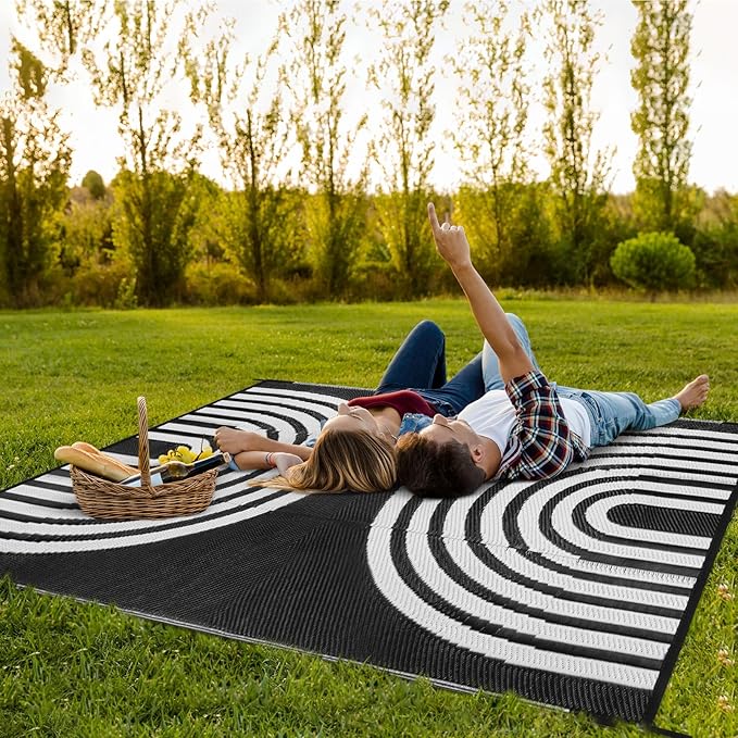 Anidaroel Outdoor Area Rugs 9x12ft Waterproof Clearance, Reversible Camping Rugs for Outside RV, Outdoor Plastic Straw Patio Rugs for Camping, Trailer, Backyard, Pool Deck, Picnic(Black&White, 9‘x12')