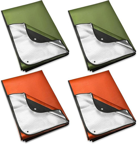 Kanayu 4 Pcs Emergency Blankets Thermal Survival Blankets 82 x 60 Inch, Heavy Duty Emergency Poncho Tarp Reusable Waterproof Emergency Blanket for Car, Camping, Hiking(Olive Green, Orange)