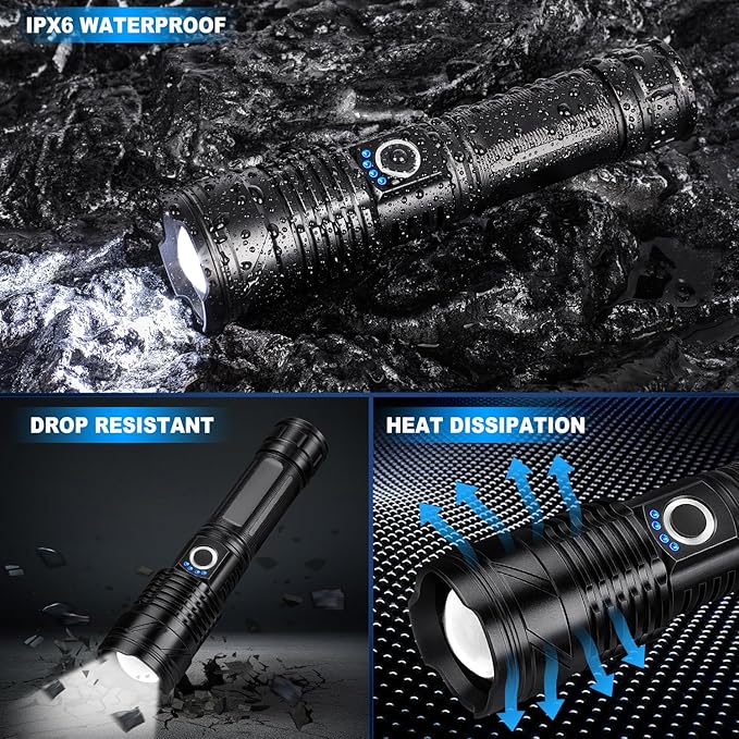 Rechargeable LED Flashlights High Lumens, 990,000 Lumen Super Bright USB Flashlight with 5 Modes, Waterproof Powerful Flash Light Multifunctional US Flashlights for Home Camping Hiking(2 Pack)