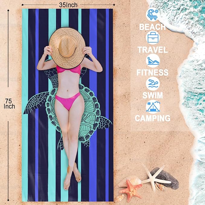 Bnuitland Turtle Pattern Beach Towel (35X75 inches), Oversized Quick Drying Absorbent Sand Free, Cute Towels for Travel Swimming Pool Picnic, 88% Polyester and 12% Polyamide,Blue