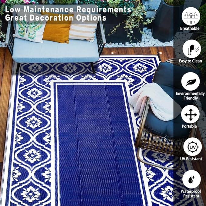 RV Outdoor Rug Waterproof Mat 9'x12' Camping Carpet Outside Area Rugs Reversible Light Blue Rugs for Deck Entryance Porch Picnic Balcony Beach