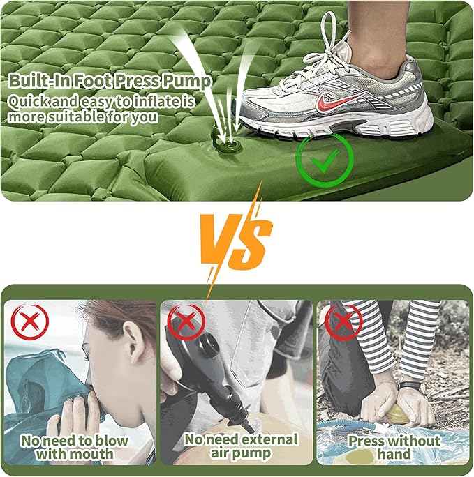 Double Sleeping Pad for Camping, 2 Person Ultralight Inflatable Sleeping Mat with Pillow and Built-in Foot Pump, Portable Camping Mattress for Tent, Backpacking, Hiking, Traveling(Green