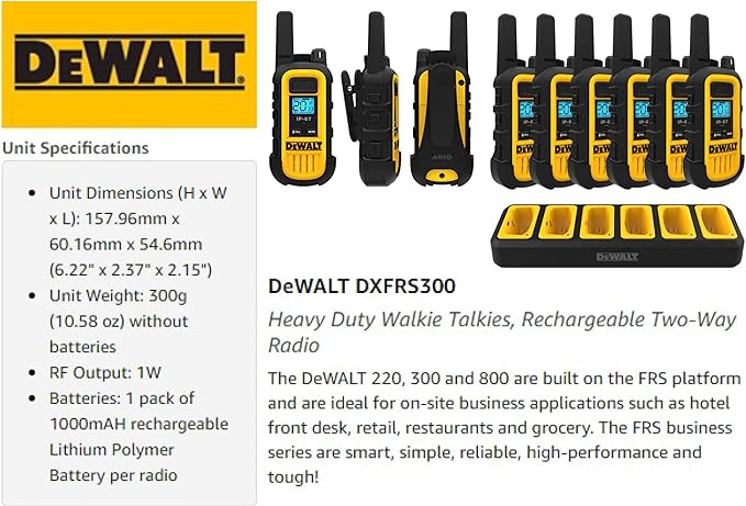 DEWALT DXFRS300 1 Watt Heavy Duty Walkie Talkies - Waterproof, Shock Resistant, Long Range & Rechargeable Two-Way Radio with VOX (6 Pack w/Gang Charger) (DXFRS300-BCH6)