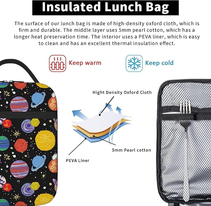 Cartoon Space Planet Insulated Lunch Bag Reusable Cooler Lunch Box Portable Leakproof Thermal Container Tote Bags for Girls Boys School Travel