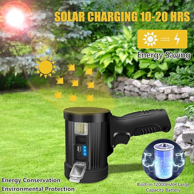 100000 Lumen Spotlight, Led Rechargeable Spotlight Flashlight with Tripod, 6 Modes and 3 Colors Filter, Super Bright Solar Spot Lights Outdoor Handheld for Hunting, Boating, Camping, Large