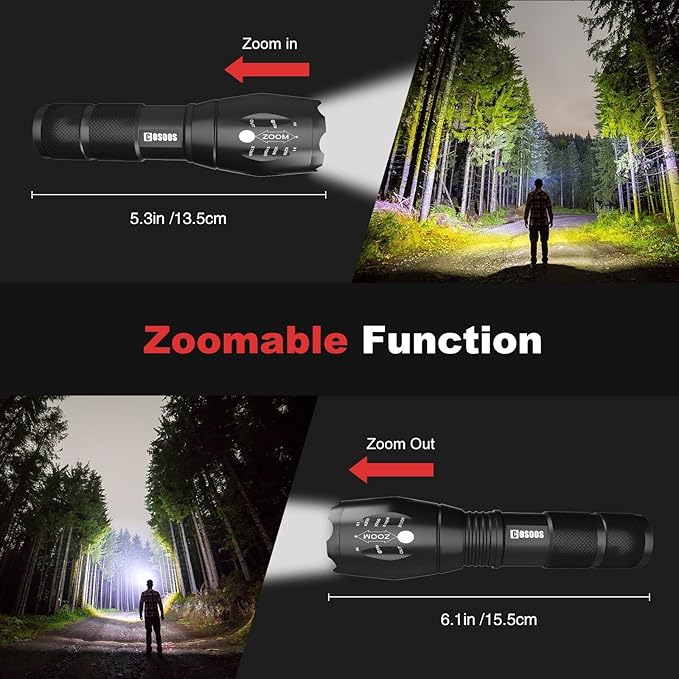 COSOOS 2 Tactical Flashlights with Holsters, Bright LED Flashlight 1000 Lumen, 5 Mode Portable Zoomable Waterproof Flash Light for Hiking, Outdoor Camping Gear Essential, No AAA Battery