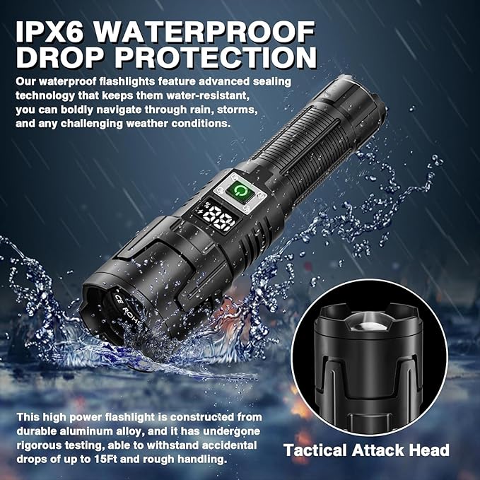 Rechargeable High Lumen LED Flashlight, 90,000 Lumens with Zoom, 3 Modes, IPX6 Water Resistant, Powerful Handheld Flashlight for Emergencies, Camping and Hiking