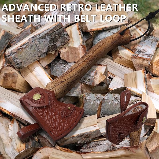11.7" Hatchet Axe, Camping Axes & Hatchets, Lightweight and Compact Hatchet with Wood Handle, Small Hatchet Axe with Retro Leather Sheath, Bushcraft Axe for Chopping and Kindling, Ideal Gifts