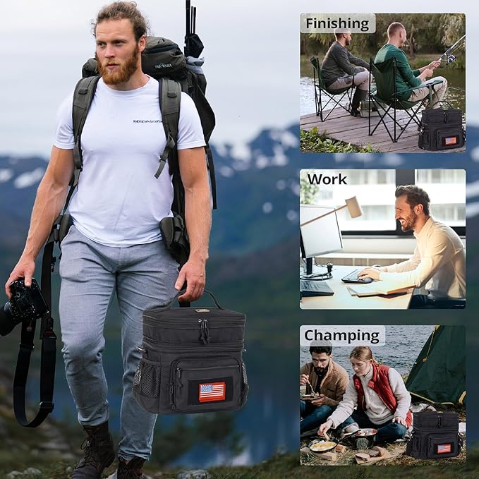 ATRIPACK Lunch Bag for Men, Double Deck Tactical Lunch Box Work with Shoulder Strap MOLLE Webbing Large Lunch Cooler Leakproof Insulated (Black)