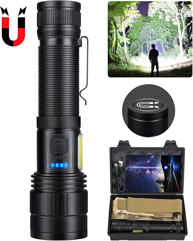 BERCOL Rechargeable Flashlights High Lumen, 990,000 Lumens Super Bright Magnetic Flash Light, 7 Modes with Cob Work Light, Powerful Led Flashlight with Holster for Camping, Emergencies, Home
