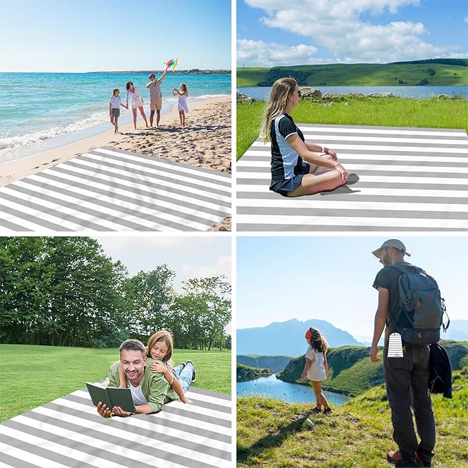 Large Beach Blanket Sandproof Waterproof, Grey Stripe Compact Beach Mat Sand Free, Portable Lightweight Picnic Mat w/Stakes & Corner Pockets for Outdoor, Travel, Camping, Hiking
