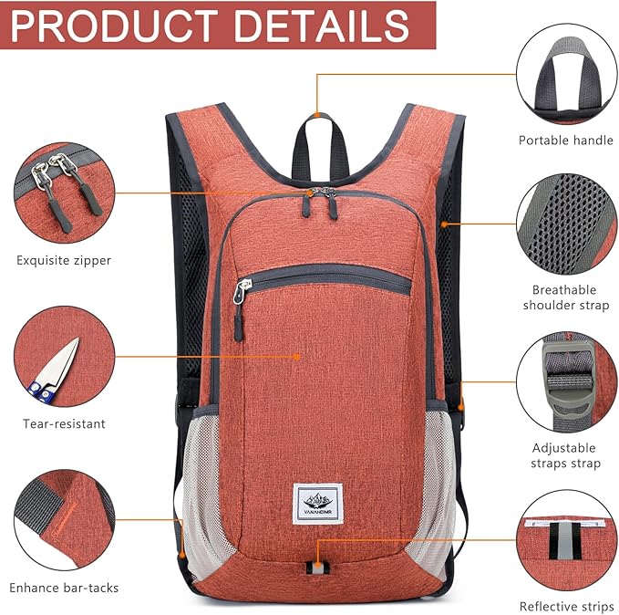 15L Lightweight Hiking Backpack Foldable Small Travel Backpack Packable Camping Backpack for Women Men (Dark Orange)