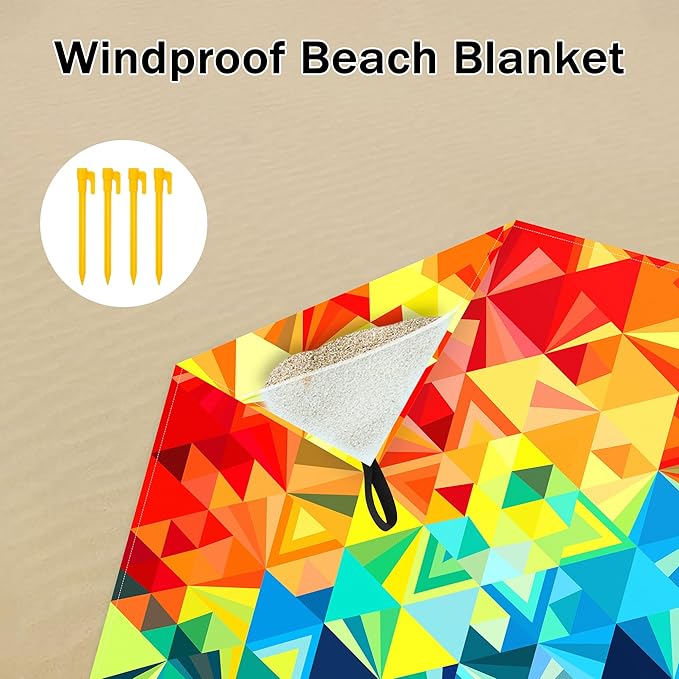 Colorful Beach Blanket Waterproof Sandproof, 78”x 86” Large Sand Free Beach Mat with Stakes & Portable Bag, Big Flodable Compact Outdoor Pockets Picnic Blanket for Festival, Camping - Triangle Blocks