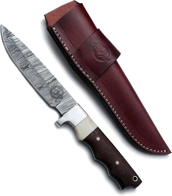 Handmade Damascus Steel Bowie Knife for Hunting, Survival, and Camping,bushcrafting and Fishing - Full Tang Micarta Handle, Fixed Blade with Flat Edge, Cowhide Leather Sheath WKD-794