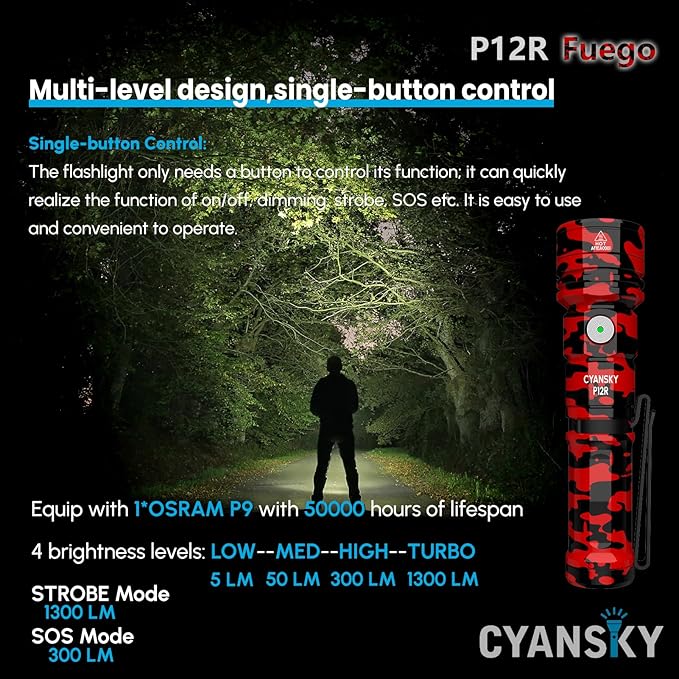 CYANSKY Rechargeable Flashlight,Super Bright,Flashlights High Lumens, Small EDC Flashlights for Emergencies,IP68 Waterproof Flash Light for Camping,Hiking,Outdoor,Home (Fuego)