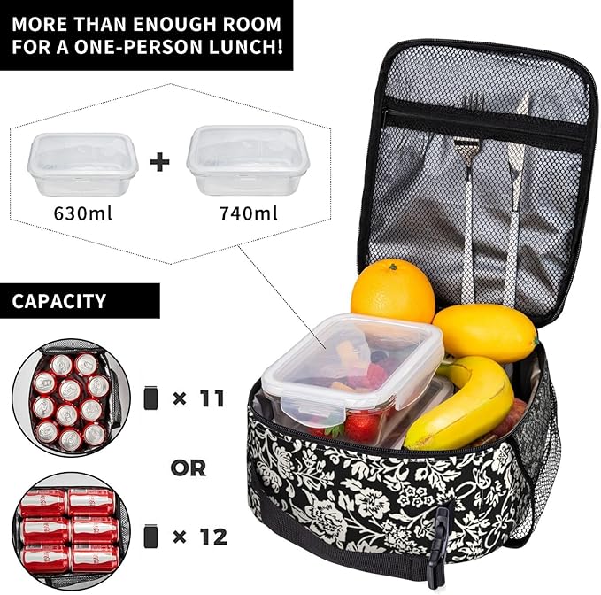 Modern Vintage Whimsical Floral Lunch Box for Women, Flower Tote Bag for Girls, Kids Lunch Bag Reusable Insulated Lunch Bag for School Work Picnic