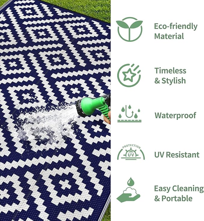 GENIMO Outdoor Rug for Patio Clearance, 9'x18' Waterproof Camping Mat, Reversible Plastic Straw Rugs for RV, Camper, Balcony, Backyard, Picnic, Deck (Navy Blue & White)