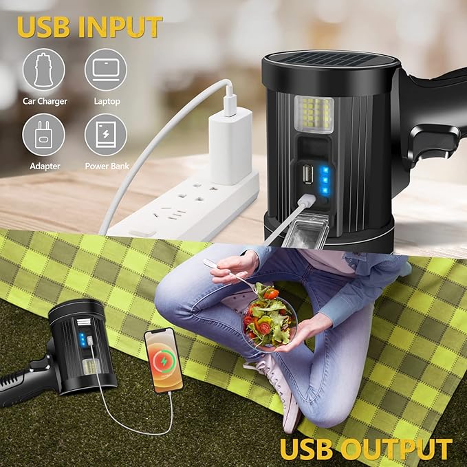 100000 Lumen Spotlight, Led Rechargeable Spotlight Flashlight with Tripod, 6 Modes and 3 Colors Filter, Super Bright Solar Spot Lights Outdoor Handheld for Hunting, Boating, Camping, Large