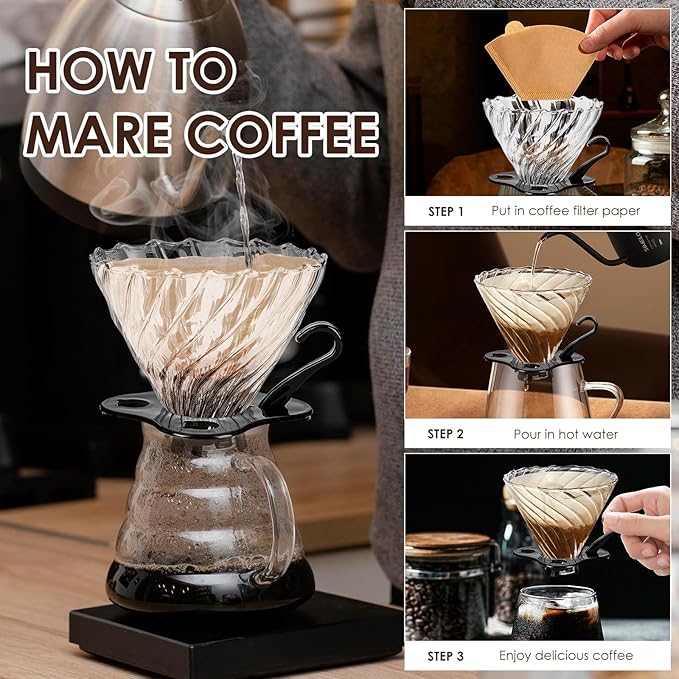 V60 Pour Over Coffee Dripper, 02 Filter For 1-4 Cups Reusable Coffee Maker 60° Heat-Resistant Glass Cone Easy-to-Clean Drip Coffee Maker Perfect for Pourover Coffee Enthusiasts