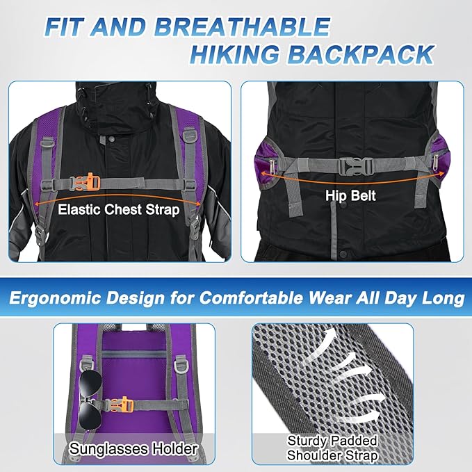 BKNOOU 40L Lightweight Hiking Backpack Packable Camping Backpack Waterproof Hiking Daypack Men Women Foldable Travel Daypack