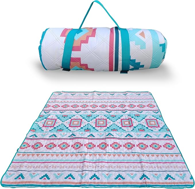 EXELNT Extra Large Outdoor Picnic Blankets Waterproof, for The Beach, Camping Travelling on The Grass, Park Blanket, Rolling Up Packaging,Portable Carring, 79" x 79" Picnic Mat - Aksu Style (Blue)