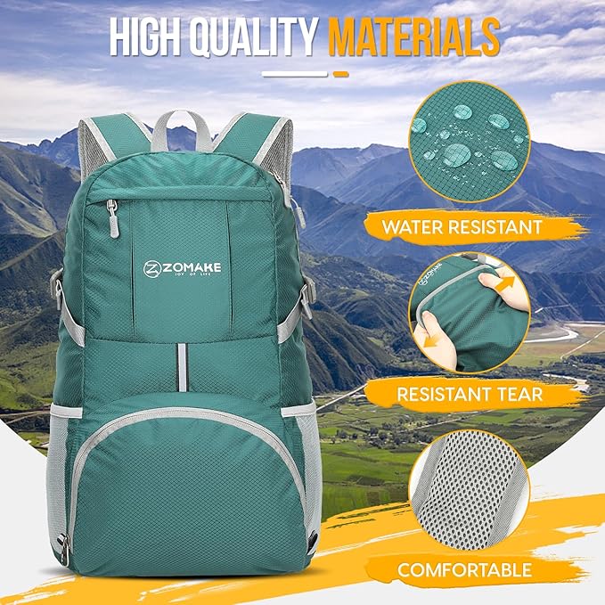 ZOMAKE Lightweight Packable Backpack 35L - Light Foldable Backpacks Water Resistant Collapsible Hiking Backpack - Compact Folding Day Pack for Travel Camping(Dark Green)