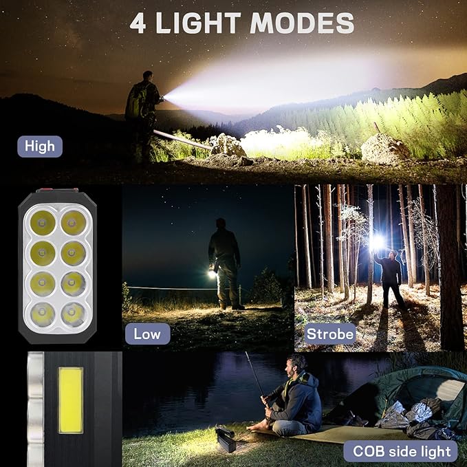 Solar Flashlight Rechargeable 8 LED Handheld with COB Sidelight, High Lumens 3 Modes Searchlight, Portable Lightweight Waterproof Spotlight for Fishing Outdoor Camping Emergencies