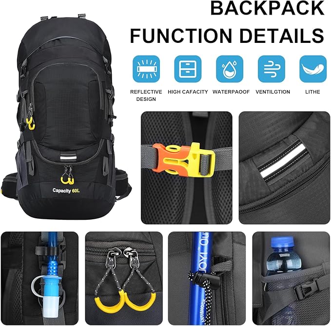 ShowyLive 60L Waterproof Hiking and Camping Backpack for Men - Durable, Lightweight Large Hiking Backpack with Rain Cover, Multi Compartments, and Adjustable Straps, Black