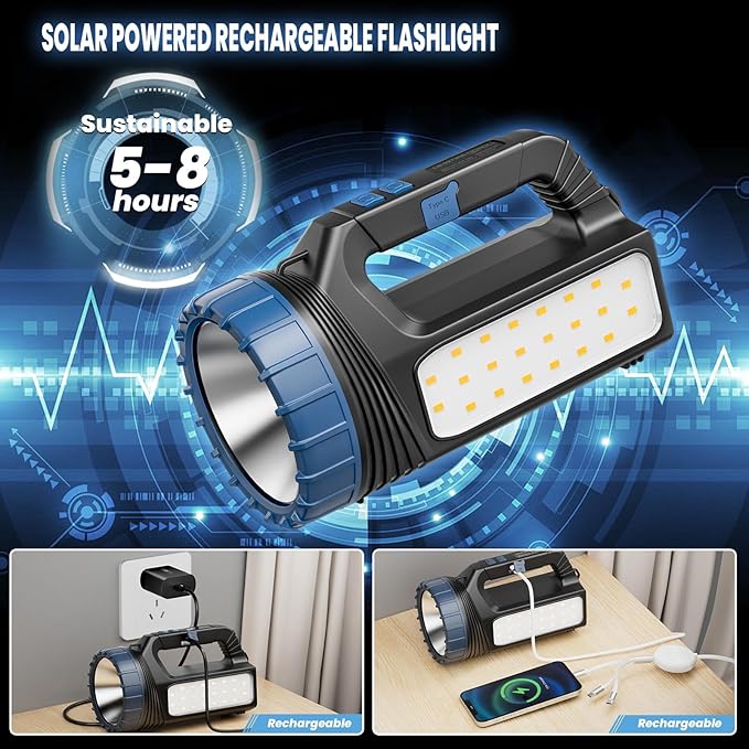 Solar Flashlights, Solar Flashlight Flashlights For Multi Function 8000 Lumens Led Flashlight With Emergency Strobe Light Emergencies, Led High Lumens, Usb C And Large Capacity Battery Fast Charging