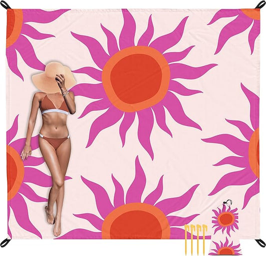 Large Beach Blanket Waterproof Sandproof, 86"×78" Beach Mat Sand Free for 2-4 Adults with Stakes and Sand Pocket, Foldable Picnic Blankets for Outdoor, Camping Hiking, Vacation Essentials-Boho Sunset