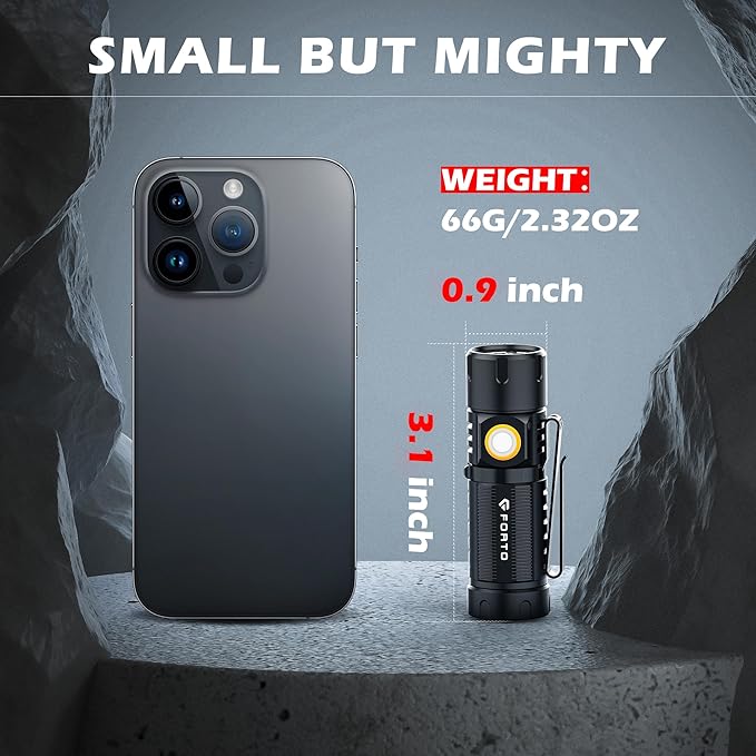 FORTO Mini Flashlight,LED Rechargeable Flashlight, 1000 Lumens Small Handheld Pocket Flashlight for EDC, Camping, Hunting, Hiking with 2 Light Modes, Water Resistant, Removable Clip, Black