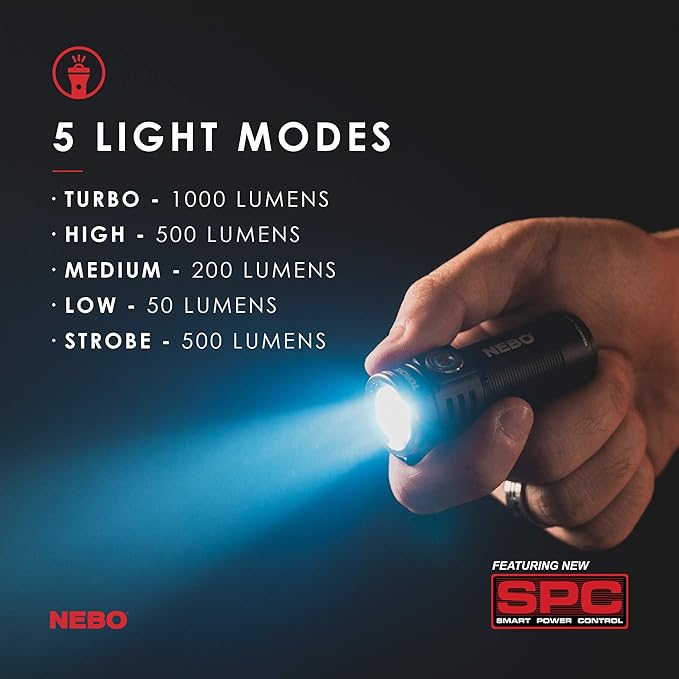 NEBO Torchy 1,000-Lumen Pocket Flashlight, LED Rechargeable Flashlight For EDC, Camping, Hunting, Hiking With 5 Light Modes, Water and Impact Resistant, Power Memory Recall, Removable Clip, Black