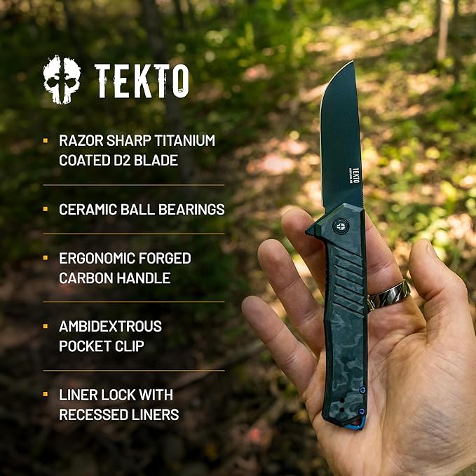 F1 Alpha Folding Pocket Knife - Modified Straight Back Blade, Titanium Coated D2 Steel, Ideal for Outdoor Camping & Backpacking,Tactical Forged Carbon Fiber Handle, Blue Titanium Accents