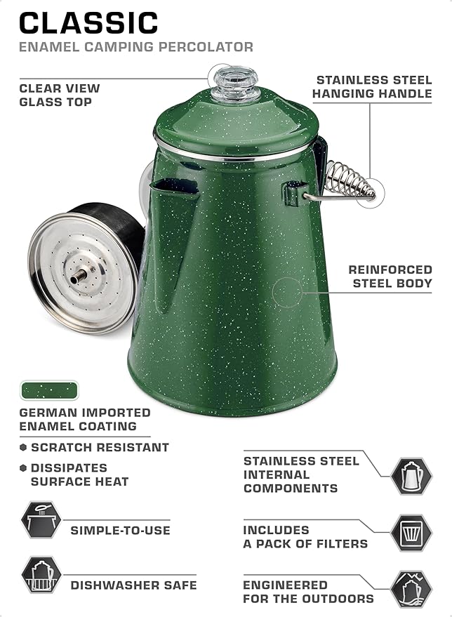 COLETTI Classic Percolator Coffee Pot — Camping Coffee Percolator, Campfire Coffee Pot – Camping Percolator for Groups — Brew for the Whole Campsite (Green, 12 Cup)